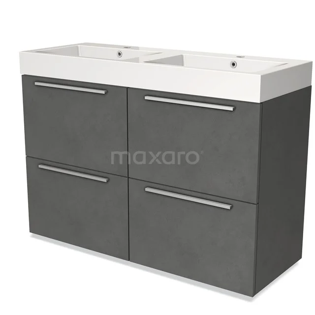 Antracietgrijs dubbel wastafelmeubel met strak design, voorzien van vier lades met chromen grepen, perfect voor een moderne badkamer.
