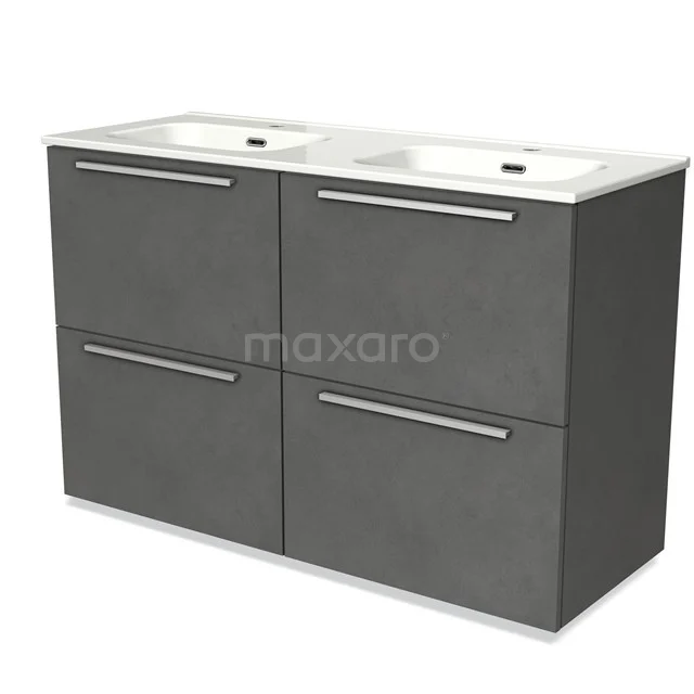 Grijze badkamerkast met dubbele wastafel, moderne mat afwerking, vier lades en een minimalistisch design.