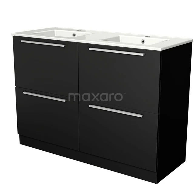 Schwarzes Doppelwaschbeckenmöbel mit glänzenden Schubladen, elegantes Design für modernen Badezimmerstil, langlebiges Material.