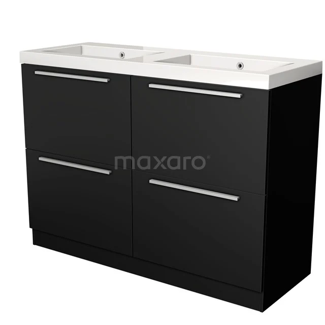 Black double vanity unit with sleek handles, white ceramic sinks, ideal for modern bathroom design.