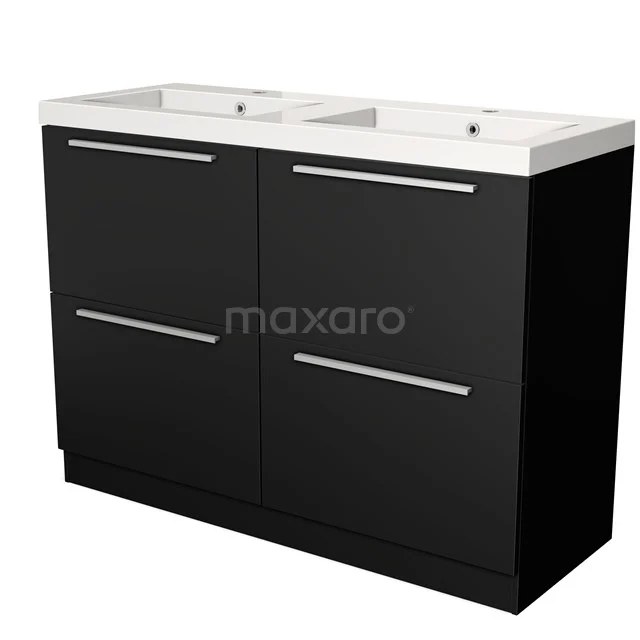 Zwarte dubbele wastafelmeubel met strak design, voorzien van chromen handgrepen en keramische wastafels, ideaal voor moderne badkamers.