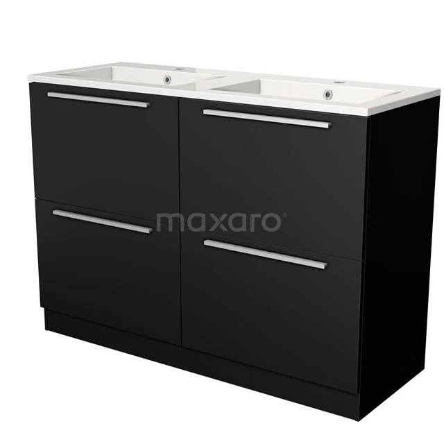 Dubbele zwarte badkamermeubelset met witte wastafel, strak design en metalen handgrepen voor een moderne badkamerstijl.