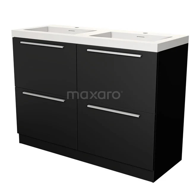 Black bathroom furniture set with double basin, sleek metal handles and glossy finish, ideal for modern bathrooms.
