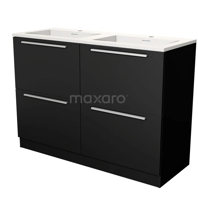 Zwarte dubbele wastafelmeubel met witte keramische wasbak, strak design en moderne handgrepen, ideaal voor elke badkamer.