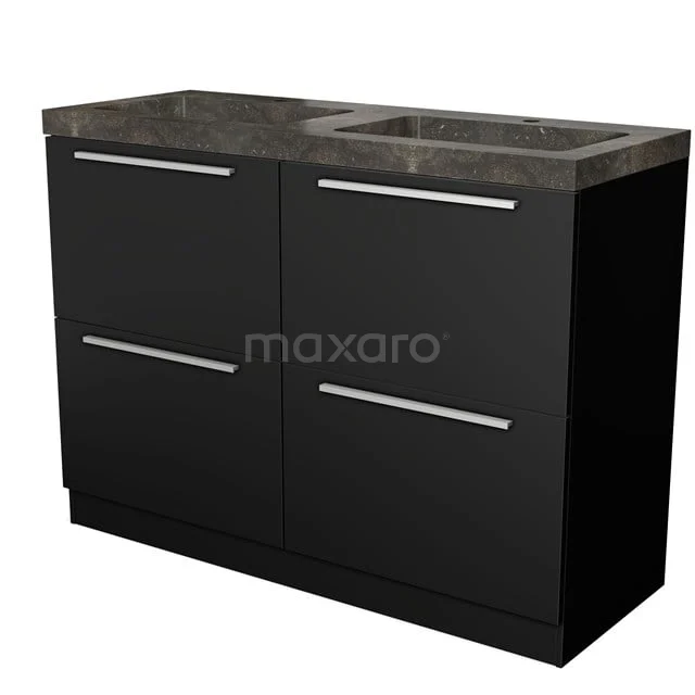 Black bathroom unit with two drawers, modern Stainless steel handles and a dark natural stone basin worktop, stylish and functional design.