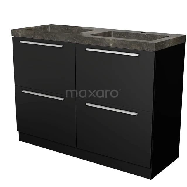 Zwart badkamermeubel met twee laden, moderne RVS grepen en een donker natuurstenen wastafelblad, stijlvol en functioneel ontwerp.