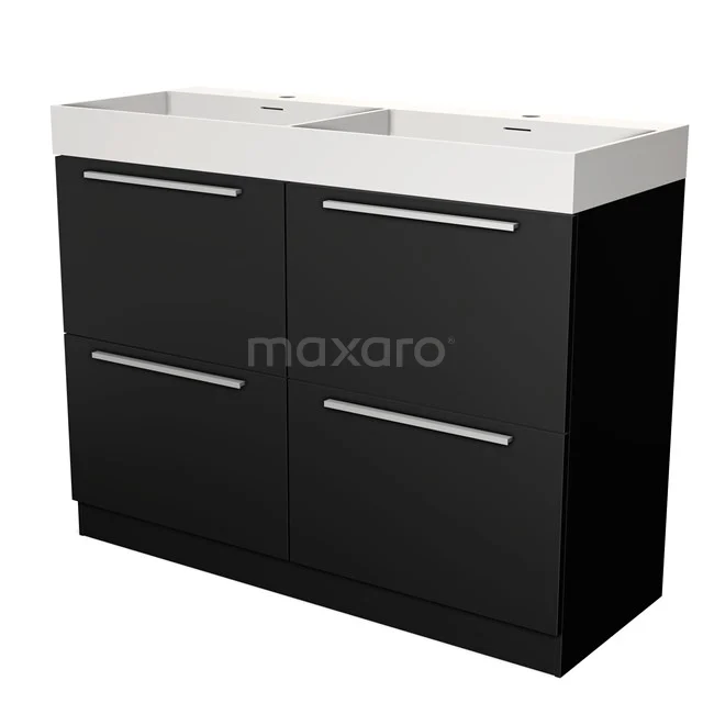 Zwart badkamermeubel met dubbele wastafel, strakke metalen grepen en modern design, ideaal voor een stijlvolle badkamer.