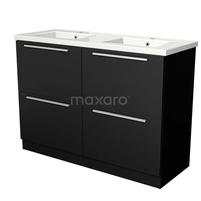 Black double vanity units with basin in white, modern design, metal handles. Perfect for stylish bathroom design.