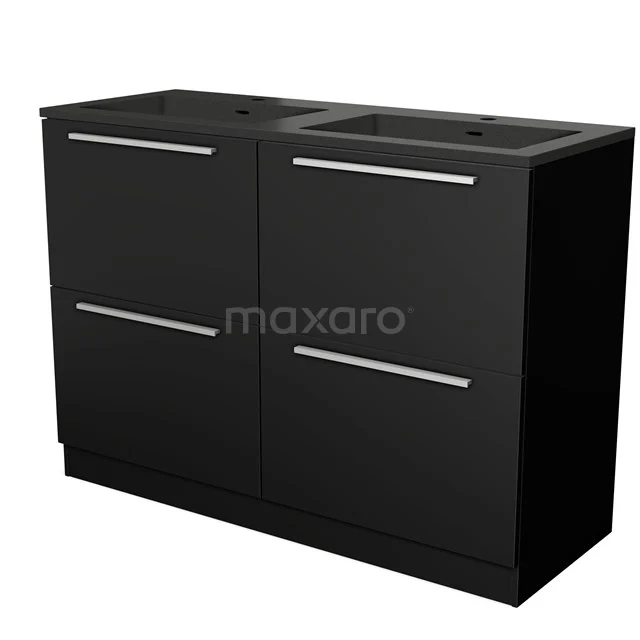 Black bathroom unit with double basin, sleek finish and chrome handles, ideal for a modern bathroom style.