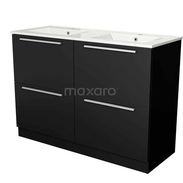 Schwarze Badmöbelset mit Doppelwaschbecken. Modernes Design mit klaren Griffen, ideal für stilvolle Badezimmergestaltung.