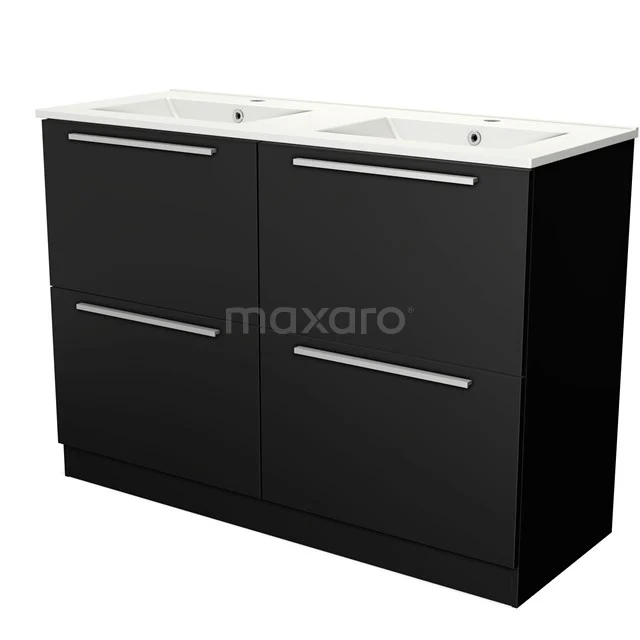Zwarte dubbele wastafelmeubel met chromen handgrepen, modern ontwerp, ideaal voor een stijlvolle badkamer inrichting.