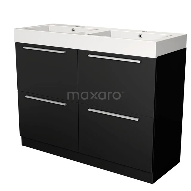 Zwart badkamermeubel met dubbele wastafel, modern design, strak lijnenspel en RVS handgrepen.