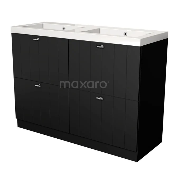 Black bathroom unit with vanity units with basin made of ceramic, minimalist design and four storage drawers.
