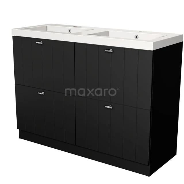 Black bathroom furniture set with double basin, modern look, four drawers and a high-gloss finish.