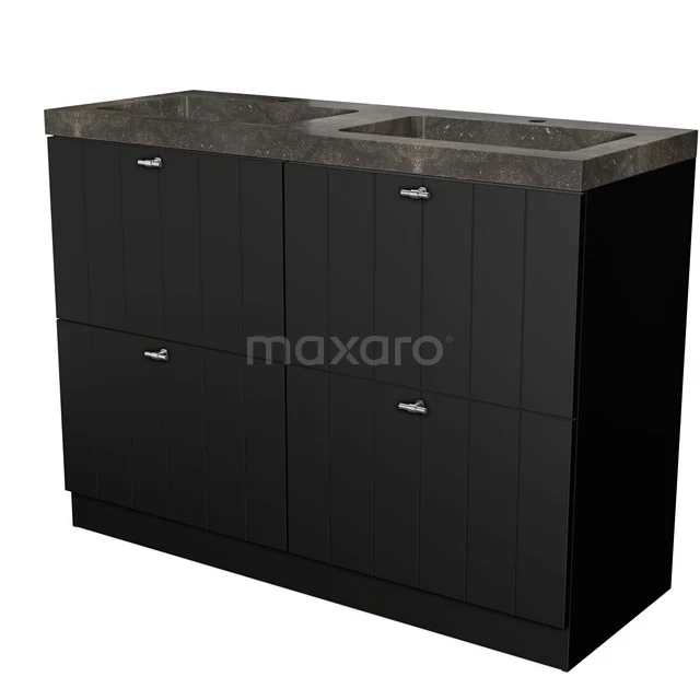 Modulo Vanity units with basin | 120 cm Matte black Slat front Natural stone 4 standing high drawers BMW14S-00021 Black wooden bathroom unit with grey marble basin worktop and double sink, ideal for a luxurious bathroom.