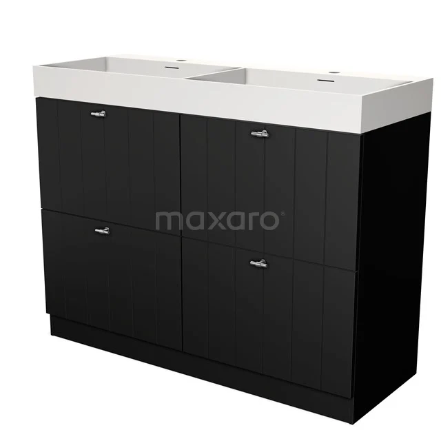 Black bathroom furniture set with double basin made of ceramic and four drawers, modern design for a stylish bathroom.