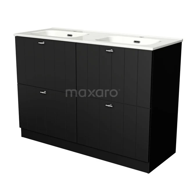 Black double basin bathroom furniture set with four drawers, ceramic basins and chrome handles, ideal for modern bathrooms.