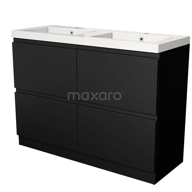 Black double basin base cabinet with white ceramic basin, sleek design, ideal for modern bathrooms.