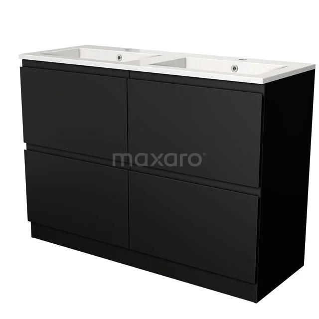 Black double vanity unit with clean lines, ceramic sink and four drawers, ideal for modern bathrooms.