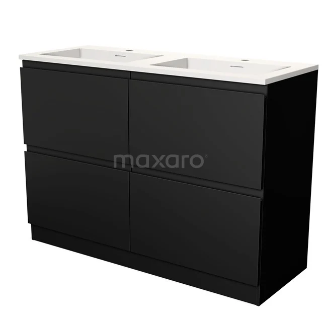Black double vanity unit with minimalist design, featuring four drawers and a white ceramic sink top.