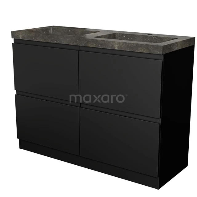 Black bathroom cabinet with double basin, marble worktop and matte black finish, modern design for luxury bathrooms.