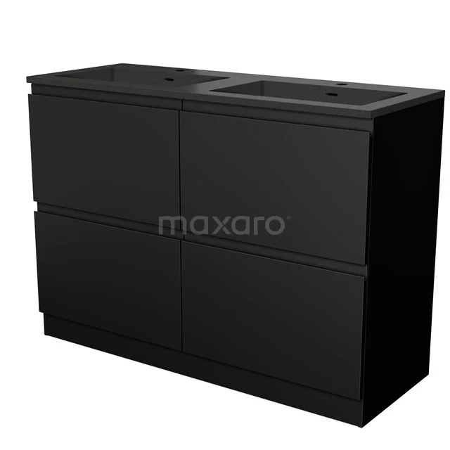 Modulo Bathroom furniture with sink | 120 cm Matte black Handle-less front Quartz 4 standing high drawers BMW14S-00038 Black bathroom furniture set with double basin, sleek design and matt black finish, ideal for stylish bathroom fittings.