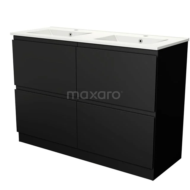 Black bathroom cabinet with double white basin, modern design, ideal for stylish bathroom storage.