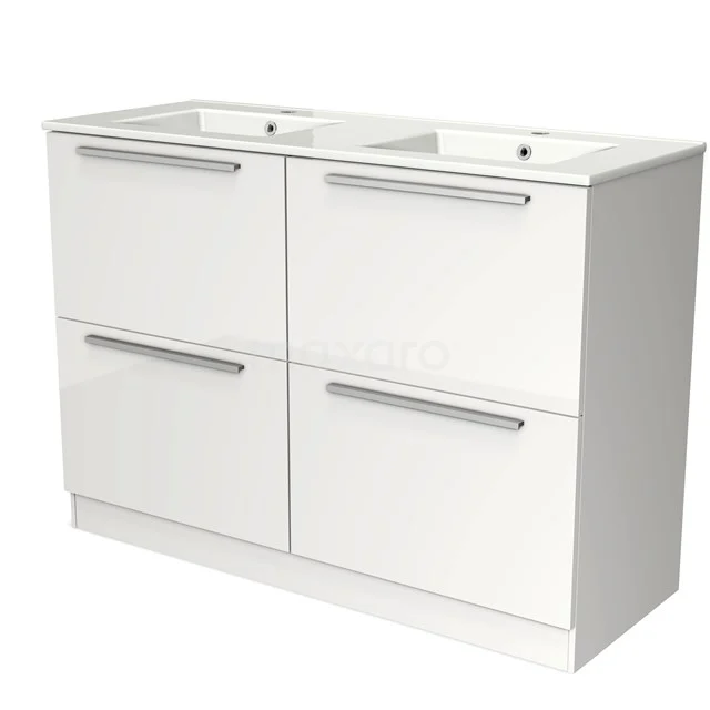 Modulo Vanity units with basin | 120 cm High-gloss white Flat front Ceramic 4 standing high drawers BMW14S-00043