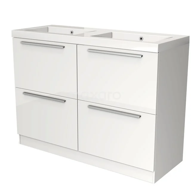 Witte badkamerkast met dubbele wastafel, vier lades en slanke handgrepen, ideaal voor moderne badkameropslag.