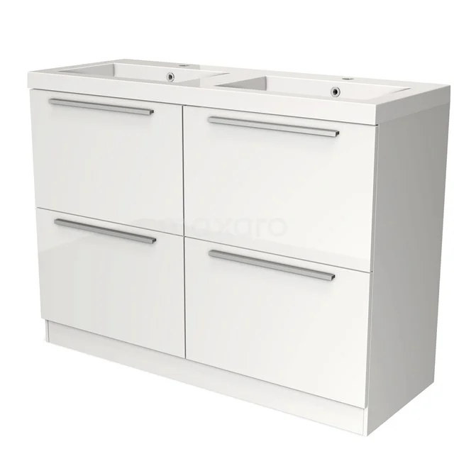 Wit badkamermeubel met dubbele wastafel, strak design en vier lades, ideaal voor moderne badkameropslag.