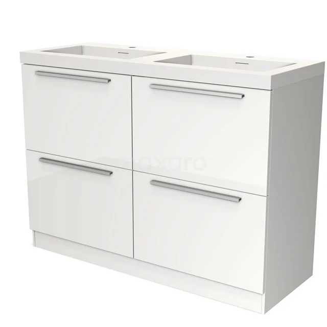 Weißes Doppel-Badmöbel mit vier Schubladen, modernem Erscheinungsbild und stilvollen Haltegriffen, ideal für zusätzlichen Stauraum.