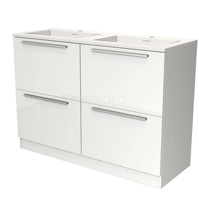 Weißes Badezimmermöbel mit Doppelwaschbecken, vier Schubladen und modernen metallischen Haltegriffen; elegantes Design für Badezimmerlagerung.