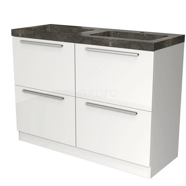 Wit badkamermeubel met vier lades en antraciet marmeren blad, modern design met geïntegreerde wastafel.
