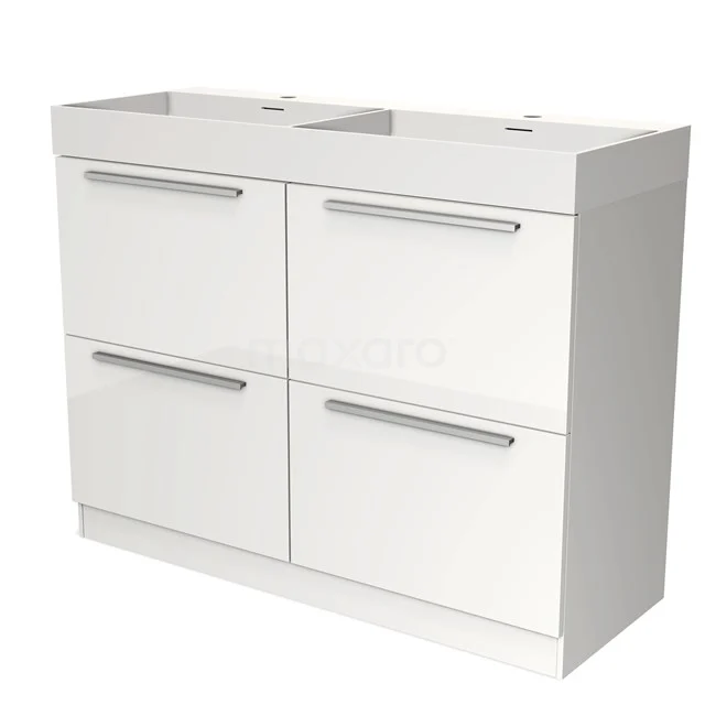 Wit badkamermeubel met dubbele wastafel, vier lades en chromen handgrepen, strak design van hoogwaardig MDF-materiaal.