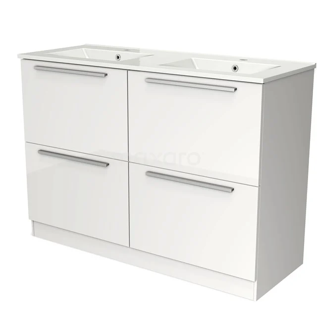 Wit badkamermeubel met dubbele wastafel, vier lades en modern design, ideaal voor een georganiseerde badkamer.