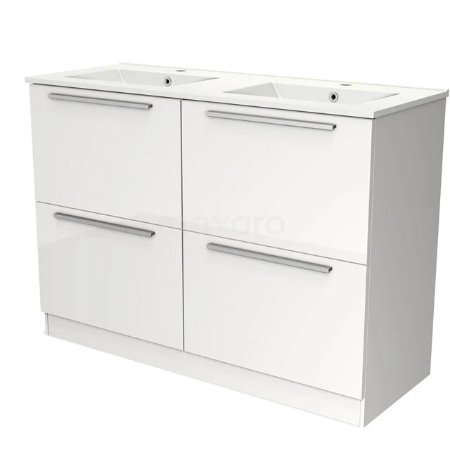 Wit badkamermeubel met dubbele wasbak, vier lades en moderne handgrepen; strak design, ideaal voor opbergruimte in de badkamer.