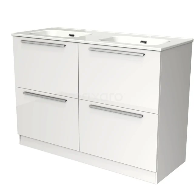 Wit dubbel wastafelmeubel van hout met softclose lades, ideaal voor moderne badkamers.