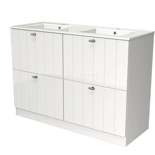 White bathroom unit with double sinks, ribbed-pattern fronts, four drawers and a modern, functional look.