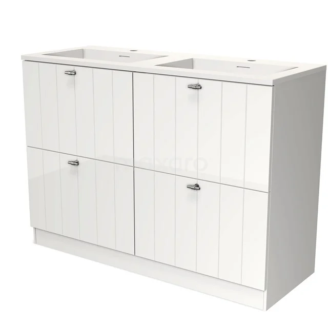 White bathroom unit with double basin, paneled doors and silver handles, ideal for a modern bathroom.