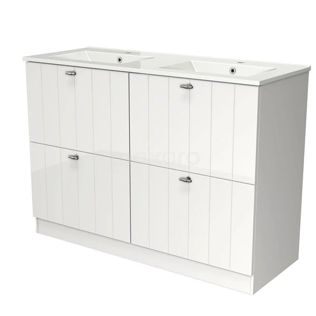 Modulo Waschtische | 120 cm Hochglanz Weiß Lamelle front Keramik 4 hohe Schubladen stehend BMW14S-00067 Weißes Badezimmermöbel mit Doppelwaschbecken, Paneeltüren und chromatischen Haltegriffen, ideal für ein modernes Badezimmer.