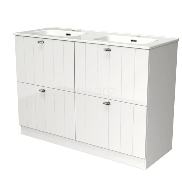 Modulo Vanity units with basin | 120 cm High-gloss white Slat front Ceramic 4 standing high drawers BMW14S-00070 White wooden bathroom unit with double basin and vertical panels, ideal for a stylish and practical bathroom layout.