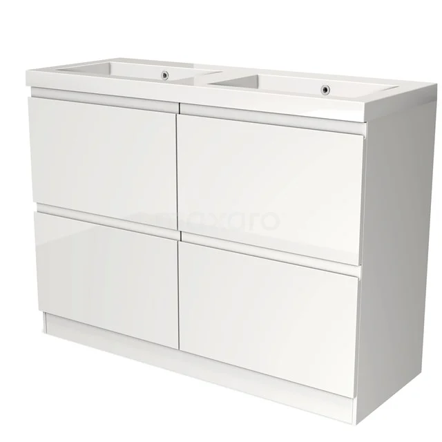 White bathroom furniture set with double basin, sleek design and spacious drawers, ideal for modern bathrooms.
