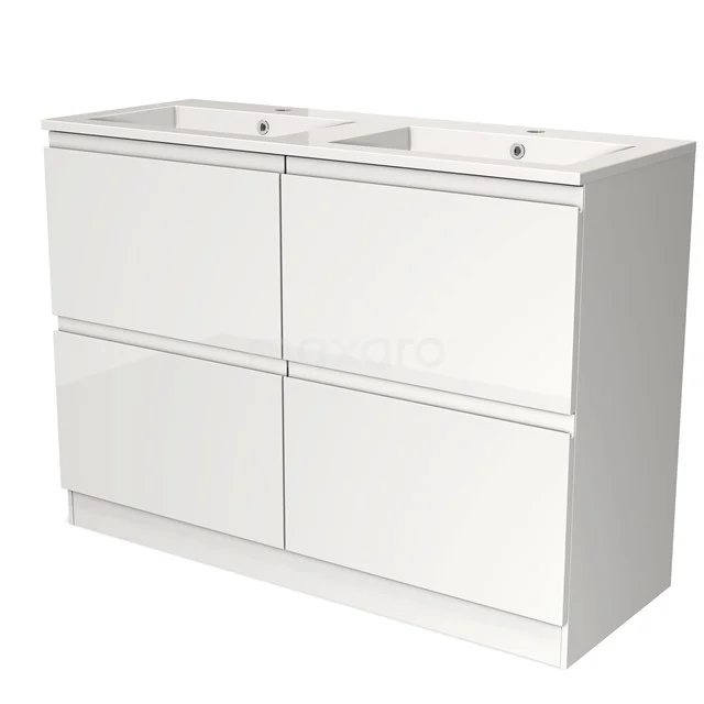 Wit badkamermeubel met dubbele wastafel, moderne afwerking en vier ruime lades voor praktische opbergruimte.