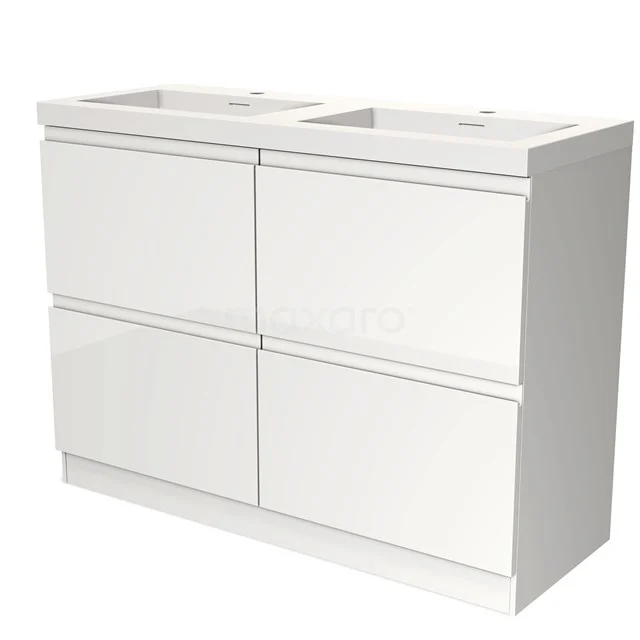 Weißes Badezimmermöbel mit Doppelwaschbecken, modernes Design, glatte Fronten, ideal für ein stilvolles und praktisches Badezimmer.