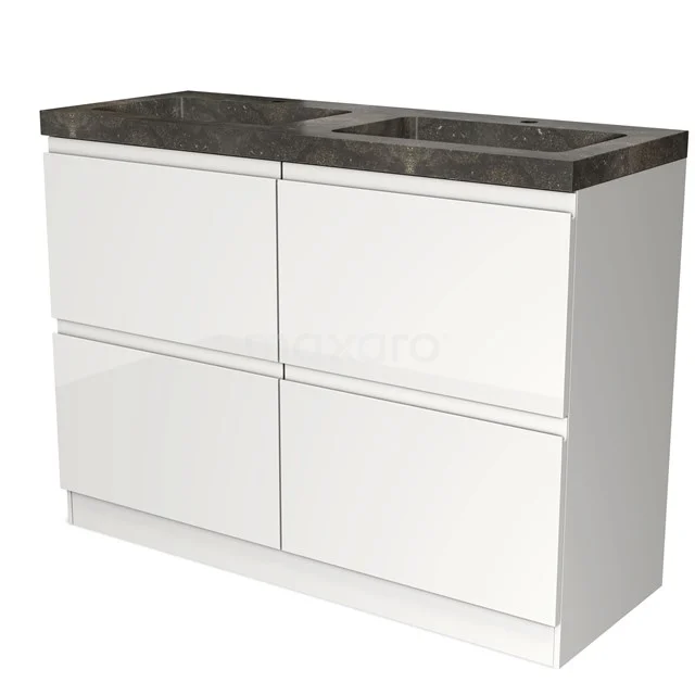 Wit badkamermeubel met vier lades en een donker marmeren wastafelblad, modern design.