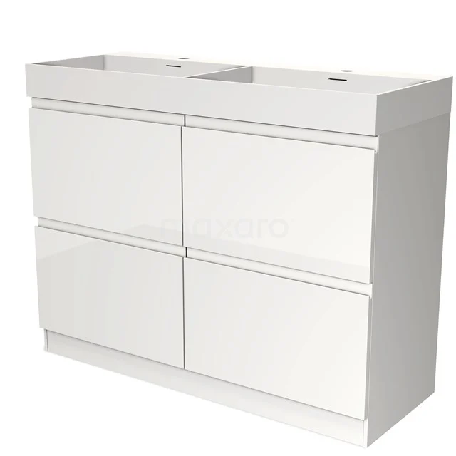Wit badkamermeubel met dubbele wastafel, strakke vormgeving en vier lades, ideaal voor moderne badkameropbergoplossingen.