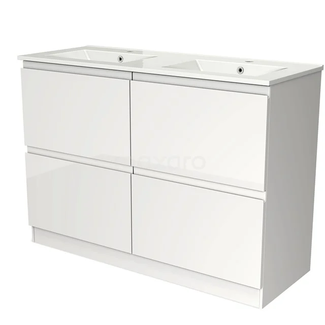 Wit hoogglans badkamermeubel met dubbele wastafel en vier lades, ideaal voor een moderne en praktische badkameropslag.
