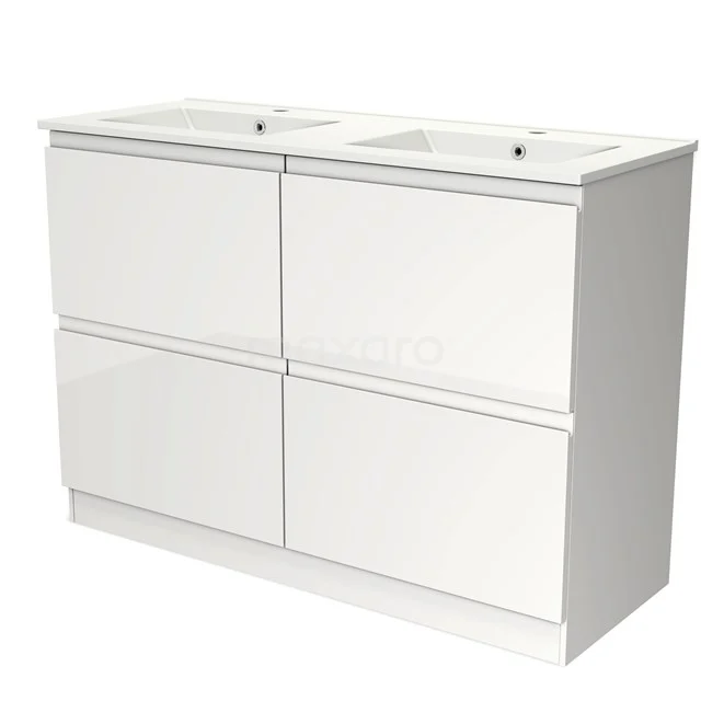 White double vanity unit with sleek drawers, ideal for modern bathrooms, made of high-quality materials.