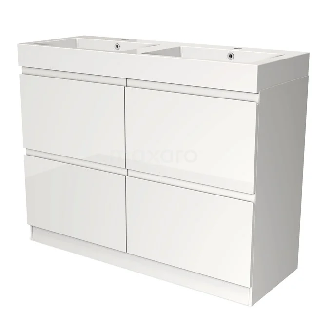 Wit dubbel wastafelmeubel met strakke lades en moderne uitstraling, ideaal voor een stijlvolle badkamerinrichting.
