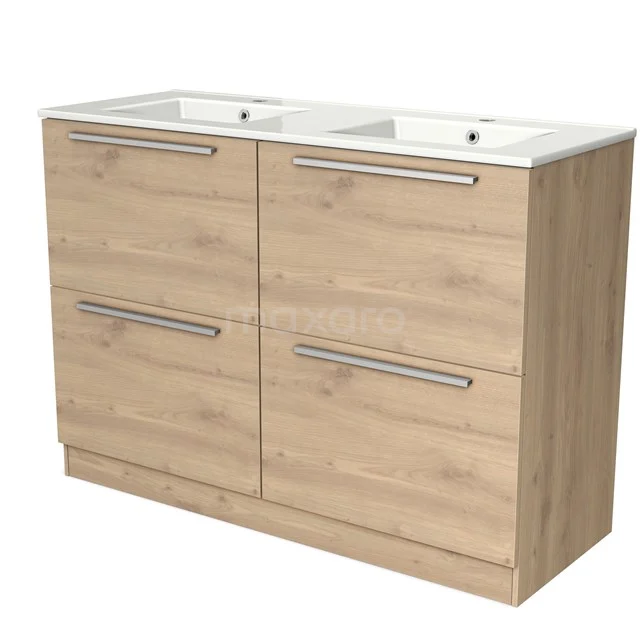 Hölzernes Badezimmermöbel mit Doppelwaschbecken, 4 Schubladen und modernen Haltegriffen, ideal für stilvollen Stauraum im Badezimmer.
